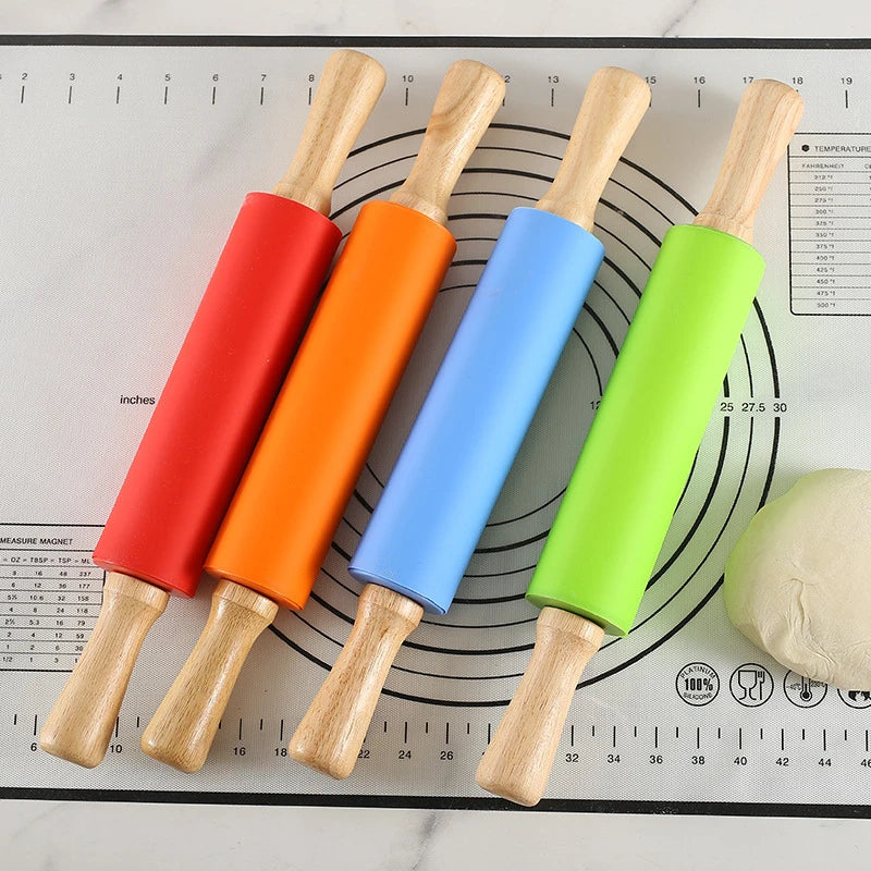 1PC Non-Stick Silicone Rolling Pin Wooden Handle Pastry Dough Flour Roller Kitchen Cooking Baking Tool For Pasta Cookie Dough