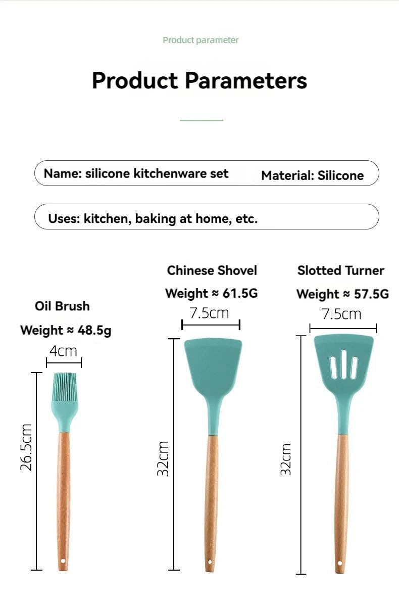 12PCS Silicone Kitchenware Non-Stick Cookware Kitchen Utensils Set Spatula Shovel Egg Beaters Wooden Handle Cooking Tool Set