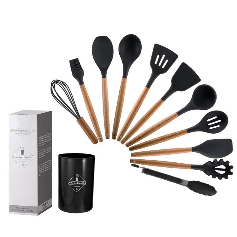 12PCS Silicone Kitchenware Non-Stick Cookware Kitchen Utensils Set Spatula Shovel Egg Beaters Wooden Handle Cooking Tool Set